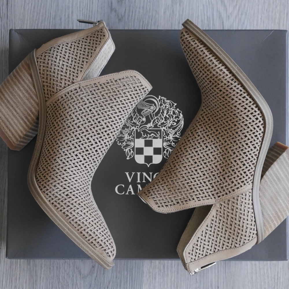 Vince Camuto tan woven leather point toe booties